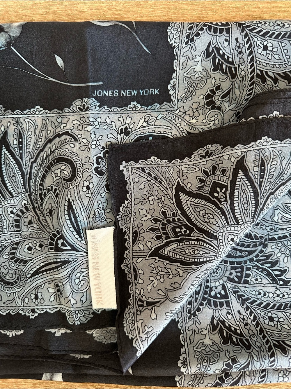 Jones New York Black and Gray Paisley Silk Scarf